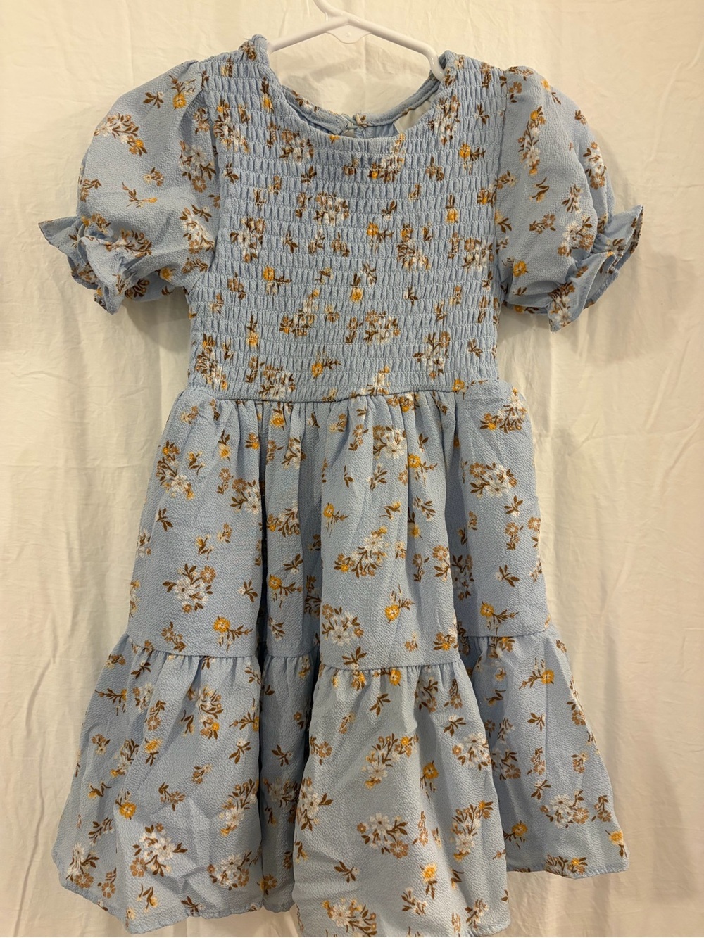 Rare Editions Girls' Light Blue Floral Smocked Puff-Sleeve Dress